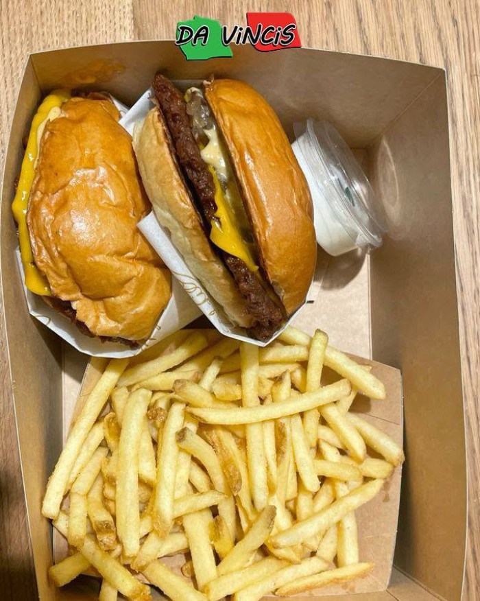 2 Gourmet Burgers with chips served at Da Vincis takeaway in Newcastle  